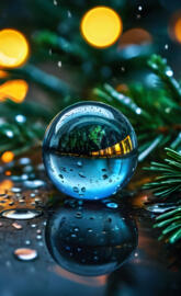 a blue and black sphere with water droplets on it