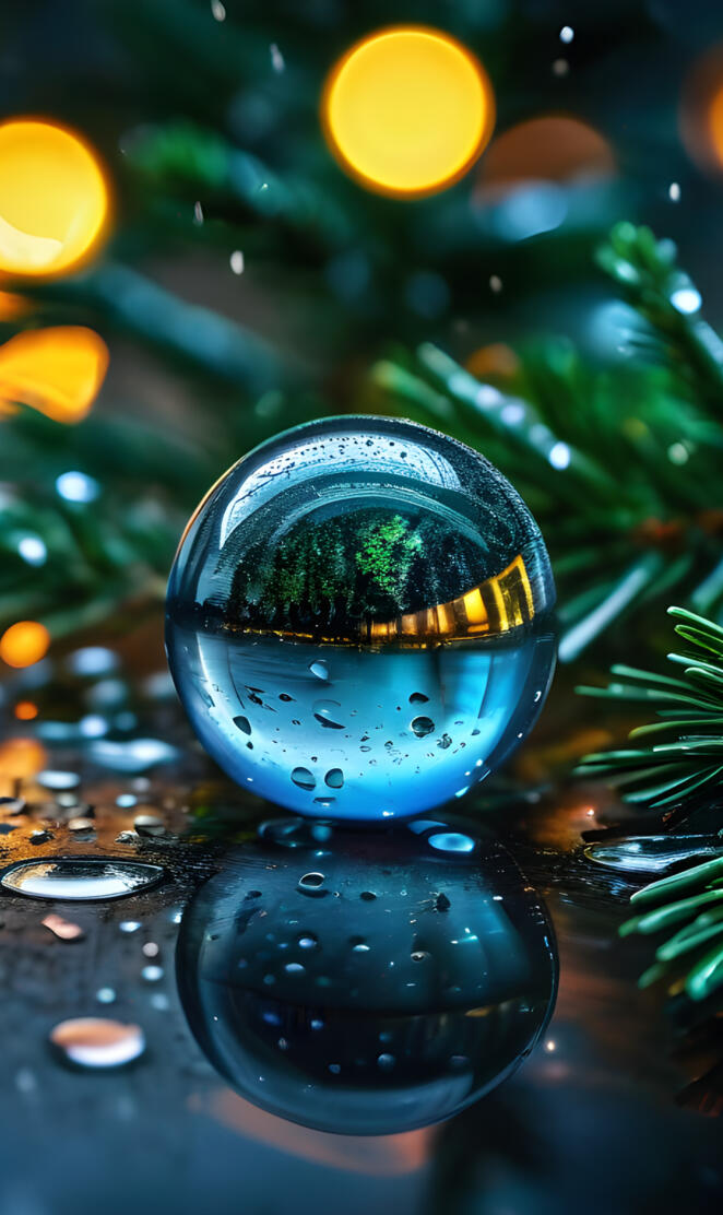 a blue and black sphere with water droplets on it