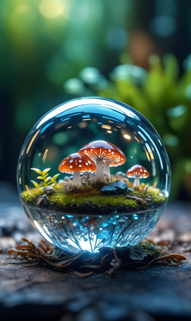 mushrooms in crystal sphere