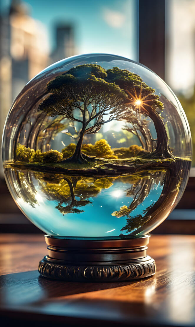 a glass vase with a tree inside