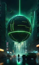 a large green Sphere in the middle of a city street