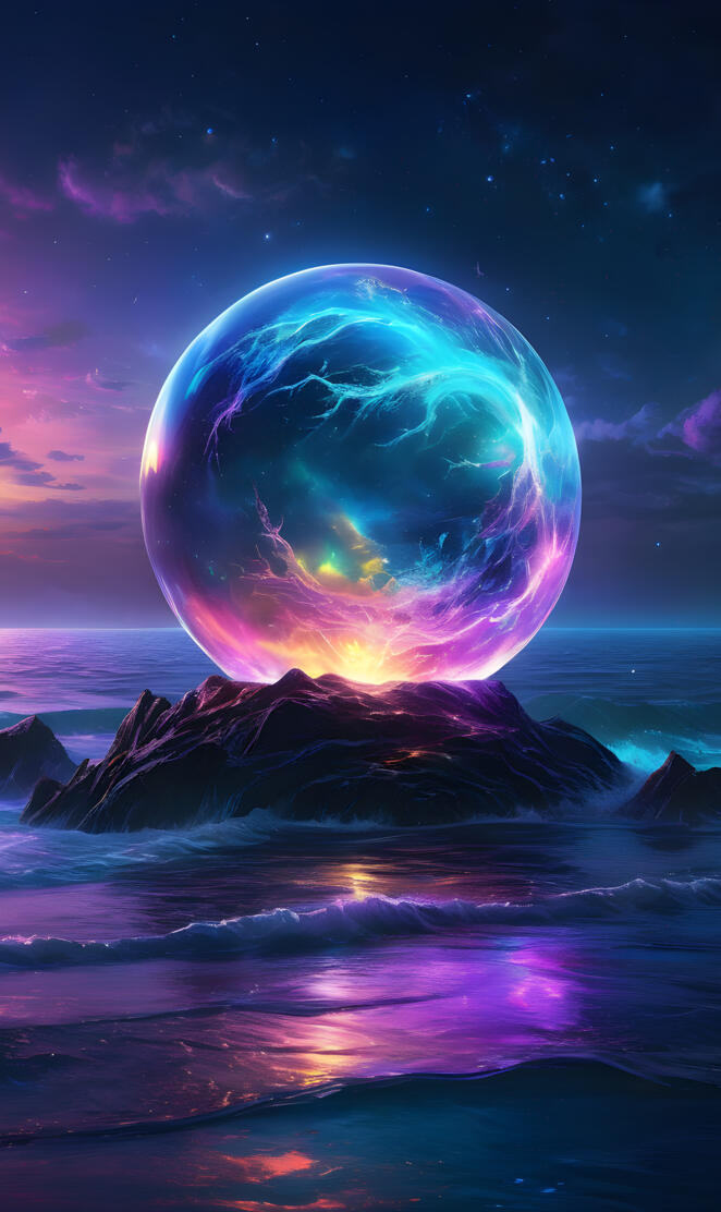 a holographic sphere over the ocean