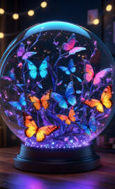 a blue and purple vase with butterflies