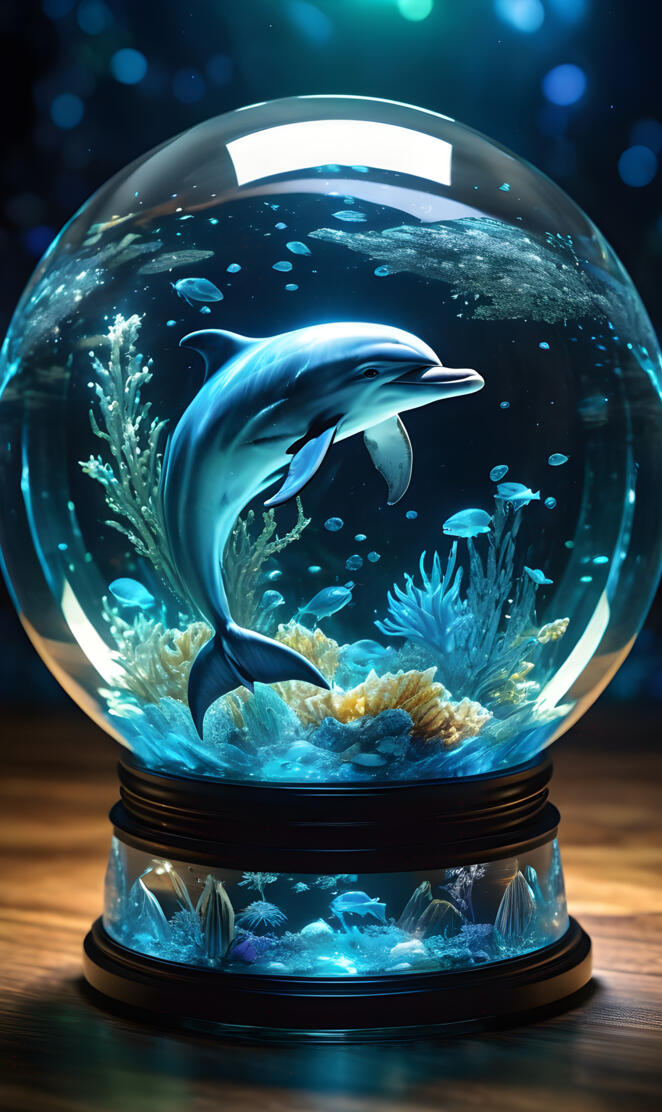 lone 3d laser dolphin in glass orb
