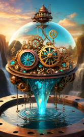 a large ornate clock with gears and water