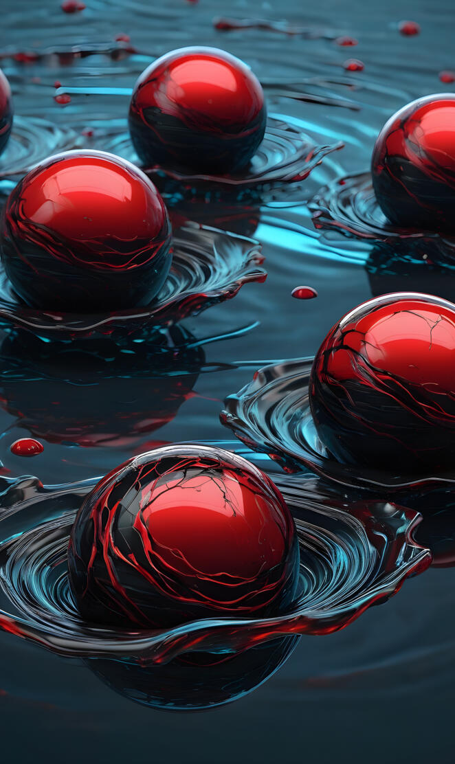 spheres water red black and blue