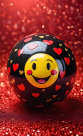 black ball, yellow smiley, red glitter background