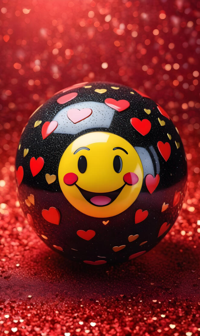 black ball, yellow smiley, red glitter background