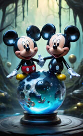 a blue and white ceramic vase with cartoon characters on it