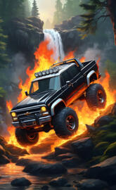 Black truck flames down hill