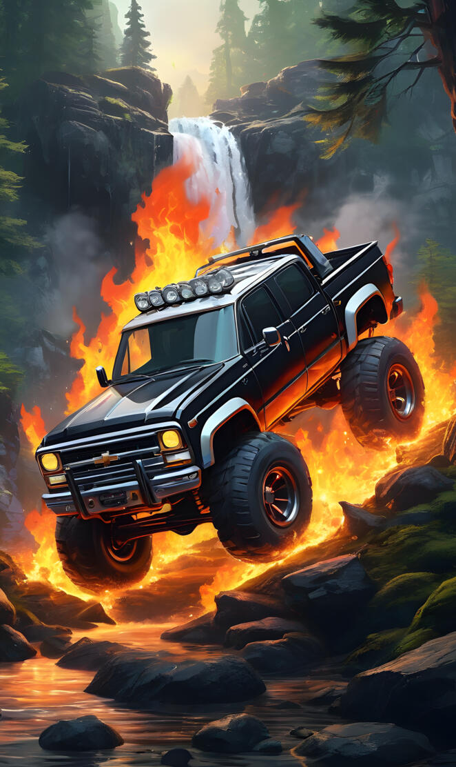 Black truck flames down hill