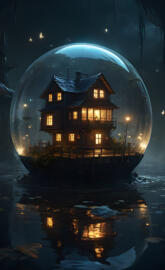 a house with lights on at night