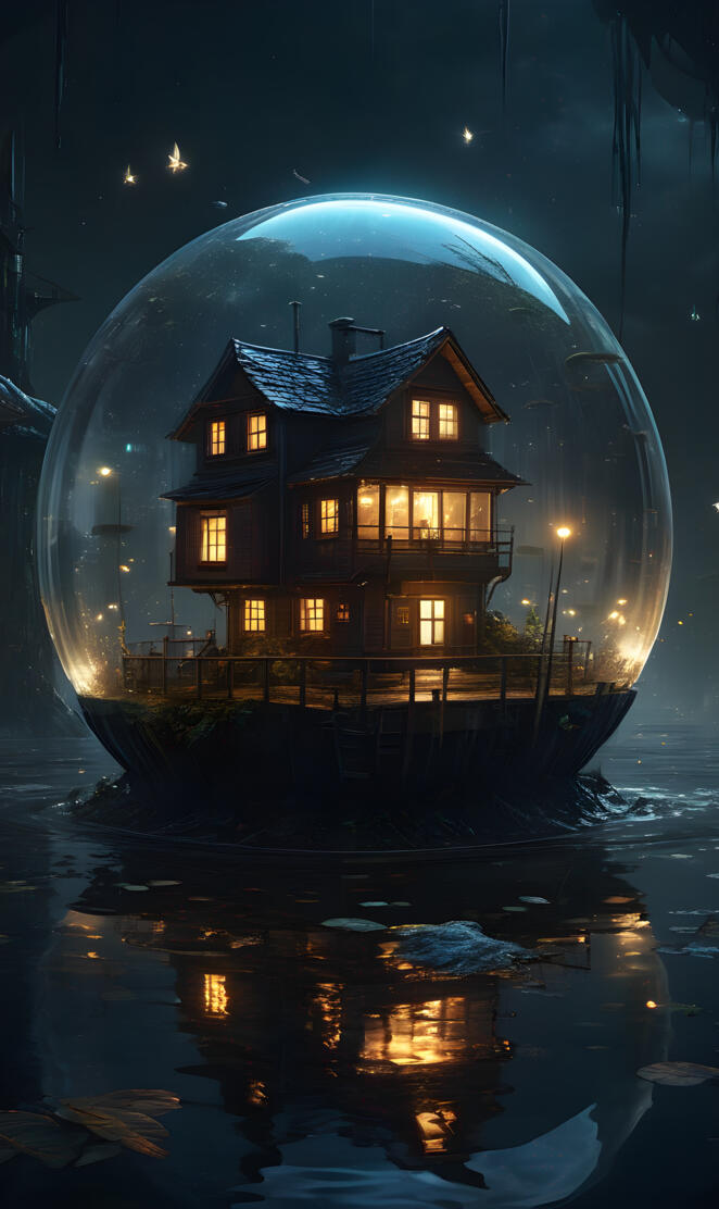 a house with lights on at night