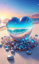 a blue and white sphere with many small stones on a beach