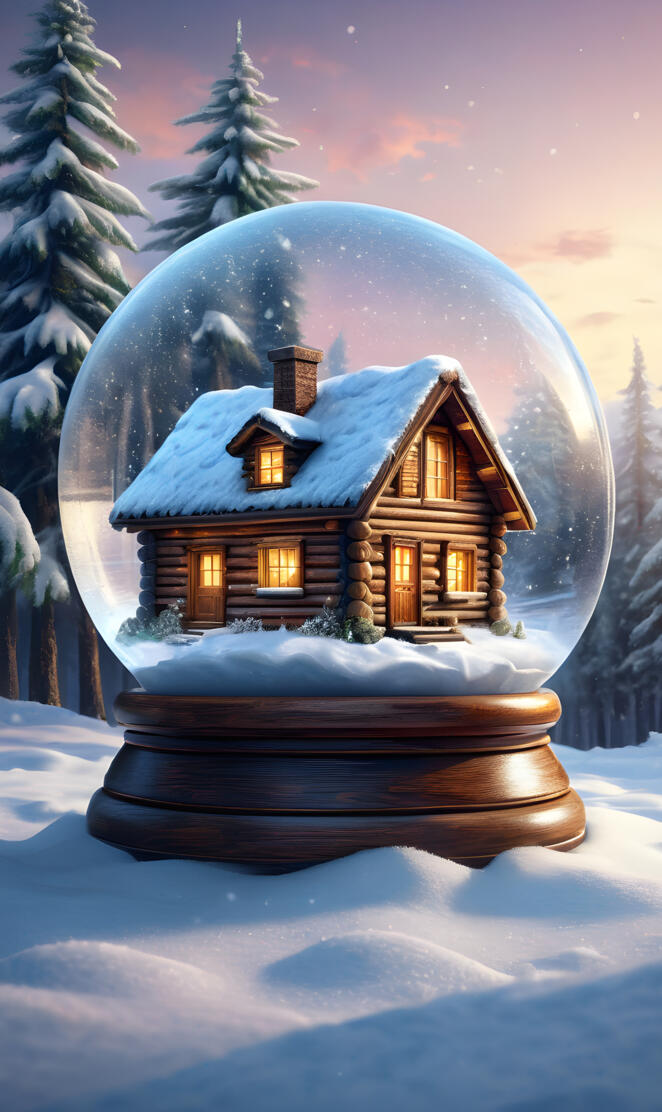snow globe, winter, log cabin