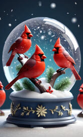 snow globe with cardinal birds