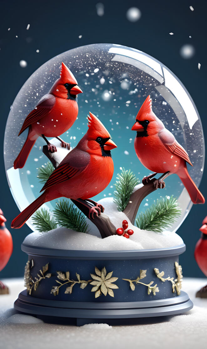 snow globe with cardinal birds