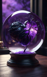 a purple and black heart in a glass bowl