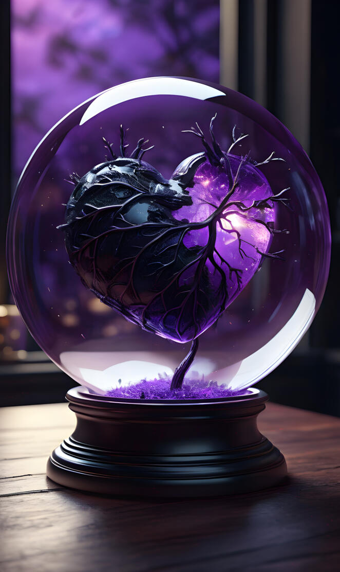 a purple and black heart in a glass bowl