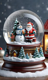 a snow globe with a snowman and Santa