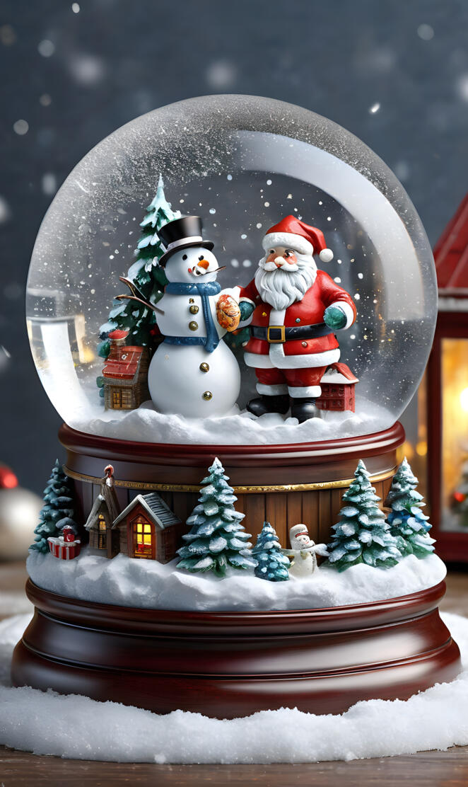 a snow globe with a snowman and Santa