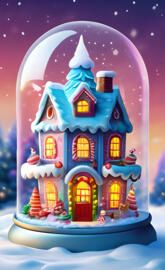 a snowman with a blue and yellow house and a pink background
