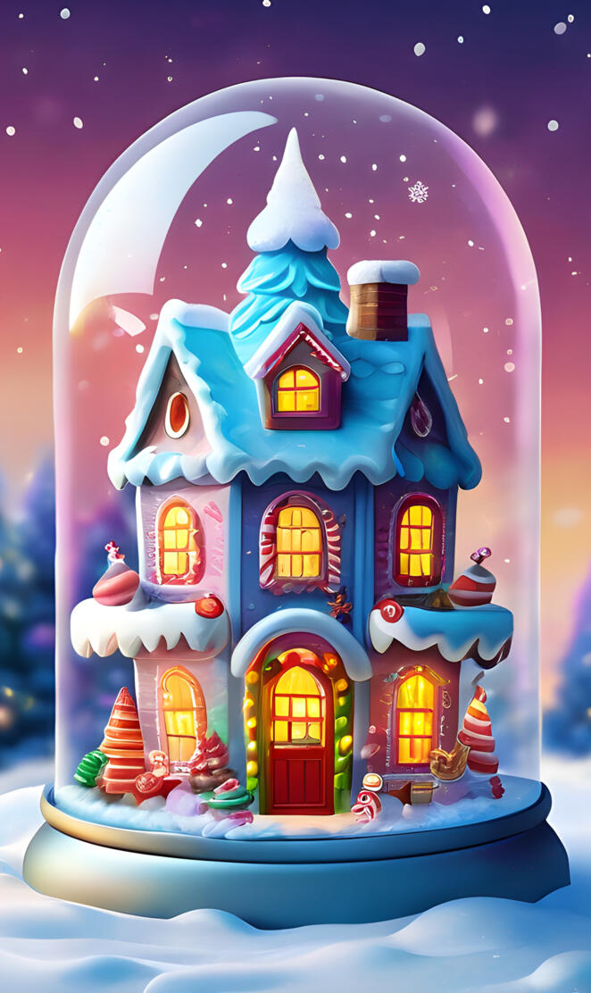 a snowman with a blue and yellow house and a pink background