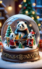 snow globe with panda santa and panda elves