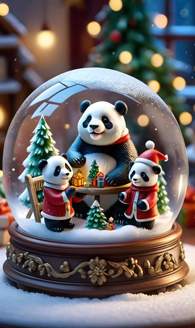 snow globe with panda santa and panda elves