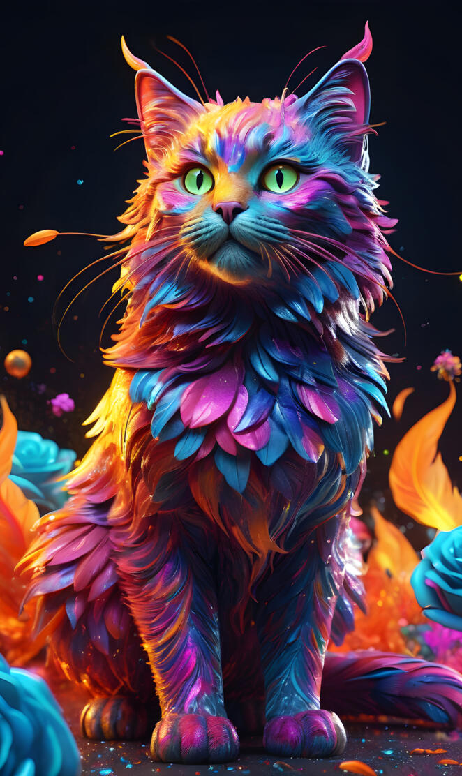 full length neon fire powder feather large cat animal glossy wet