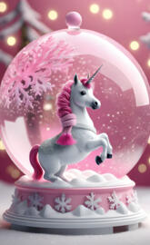 pink and white christmas unicorn in a snow globe