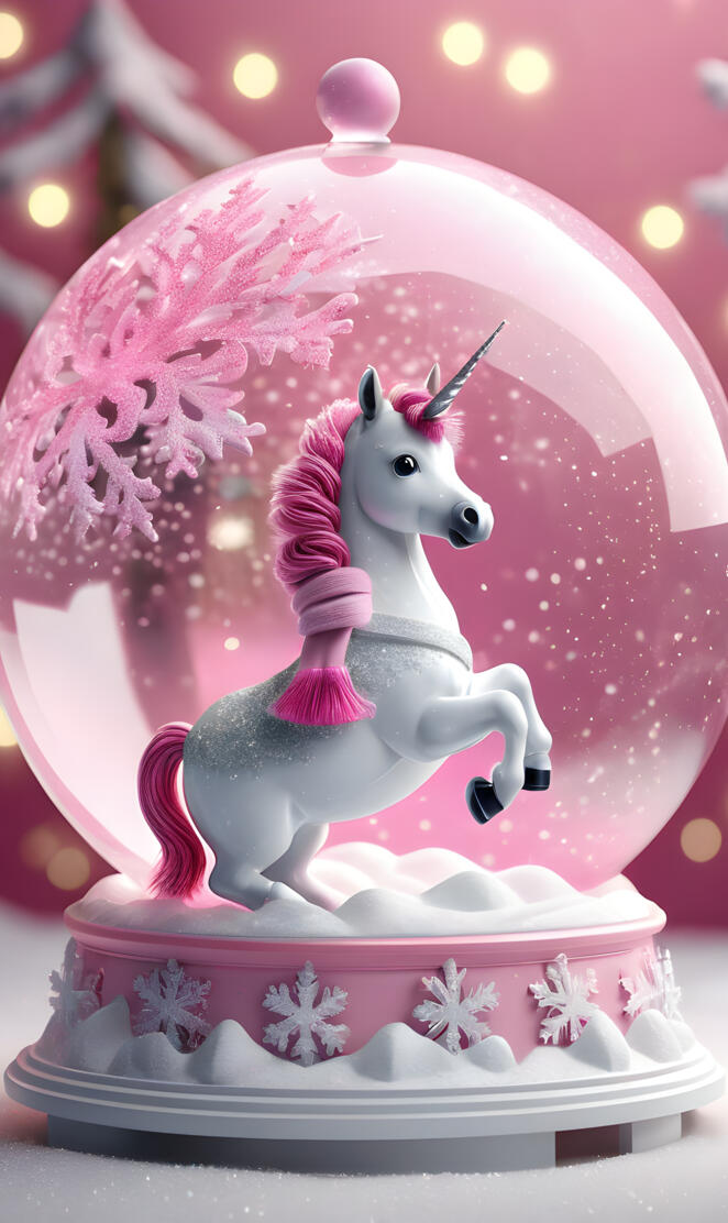 pink and white christmas unicorn in a snow globe