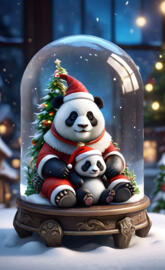 panda santa with baby panda in a snow globe