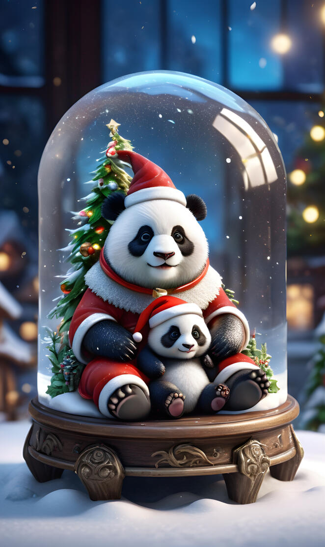 panda santa with baby panda in a snow globe