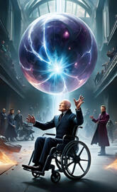 a person in a wheelchair in front of a large globe