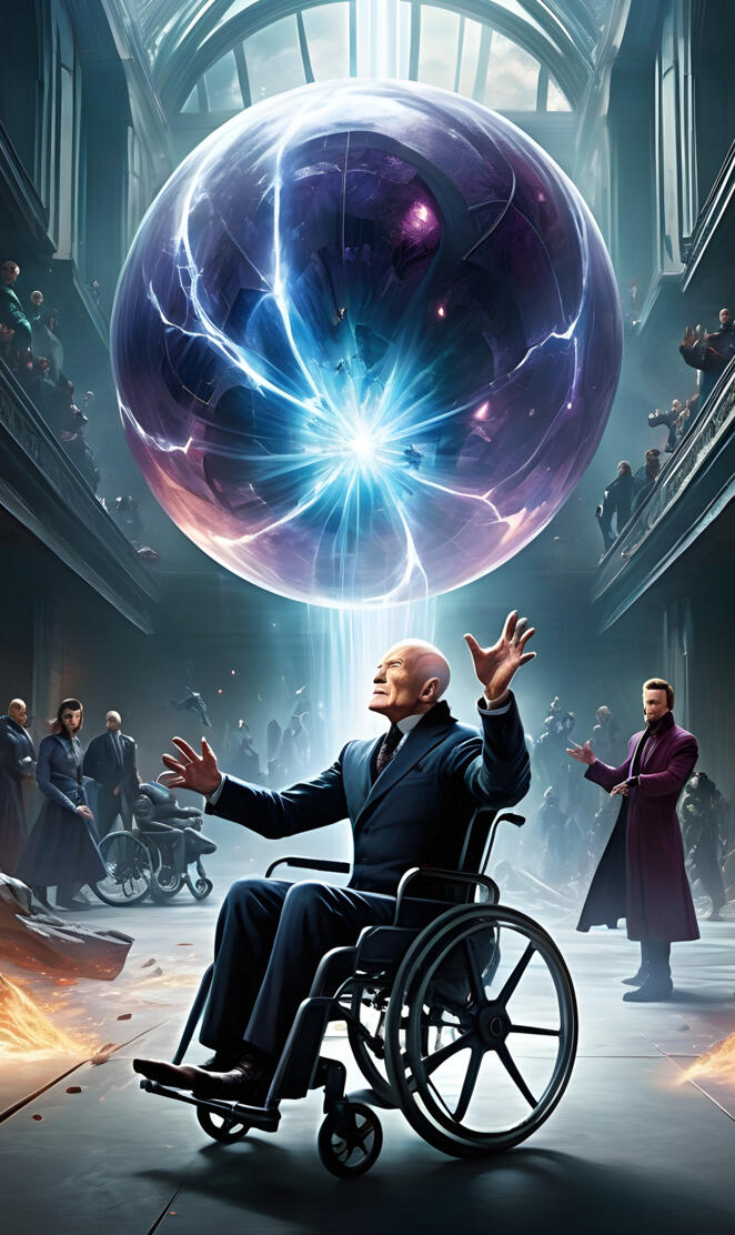 a person in a wheelchair in front of a large globe