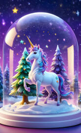 a statue of a unicorn with a tree and a moon in the background