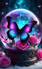 a purple and blue butterfly in a globe of flowers