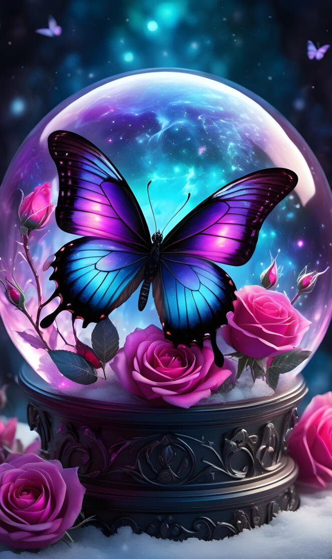 a purple and blue butterfly in a globe of flowers