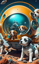 a group of dogs sitting in front of a large globe