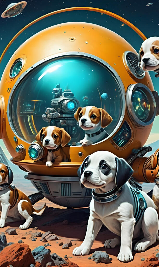 a group of dogs sitting in front of a large globe