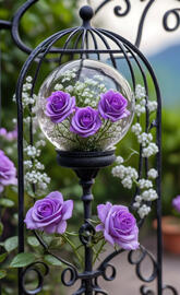 Purple roses & baby's breath in a globe 2025-01
