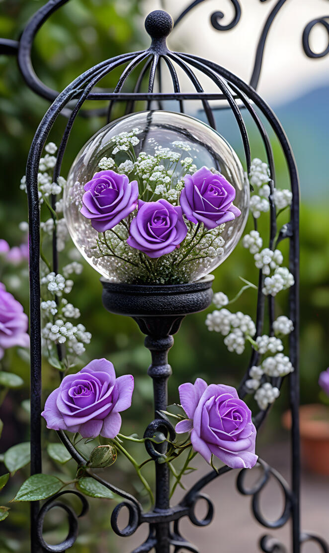 Purple roses & baby's breath in a globe 2025-01