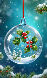 a glass globe with a red string and branches and snow