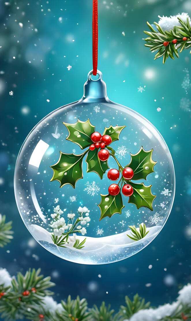 a glass globe with a red string and branches and snow