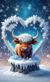 a cow with horns and a snow globe in the background
