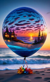 a large blue and yellow globe on a beach with a sunset