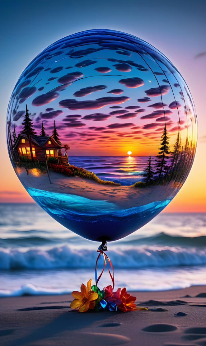 a large blue and yellow globe on a beach with a sunset