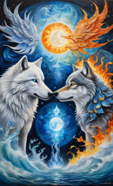 a couple of wolves looking at a globe in the sky