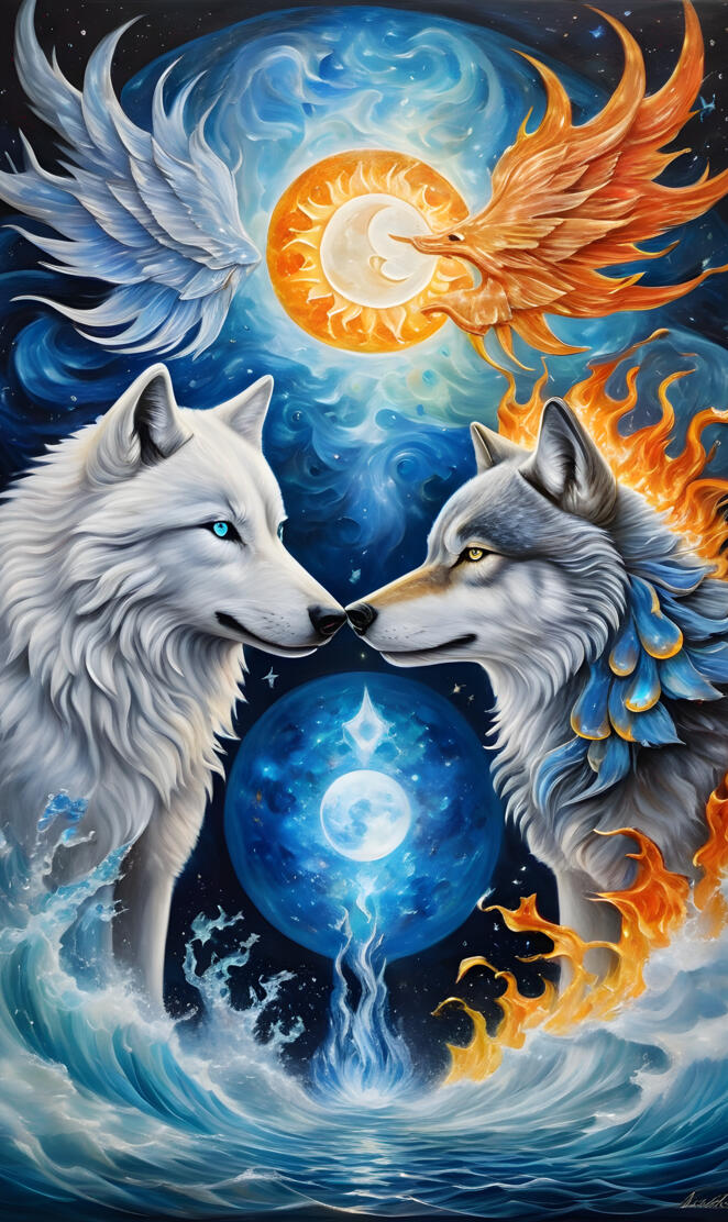 a couple of wolves looking at a globe in the sky